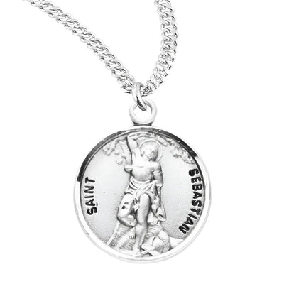 St. Sebastian depicting him bound to a tree with arrows Round Sterling Silver Medal Necklace with 20" 316 surgical stainless steel curb chain, HMH Religious
