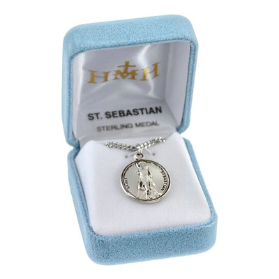 St. Sebastian depicting him bound to a tree with arrows Round Sterling Silver Medal Necklace with 20" 316 surgical stainless steel curb chain in gift box, HMH Religious