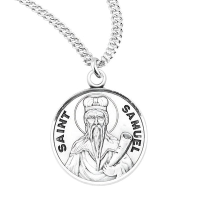 St. Samuel depicting him holding a horn sterling silver round medal with 20" 316 surgical stainless steel curb chain, HMH Religious