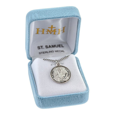 St. Samuel depicting him holding a horn sterling silver round medal with 20" 316 surgical stainless steel curb chain in gift box, HMH Religious