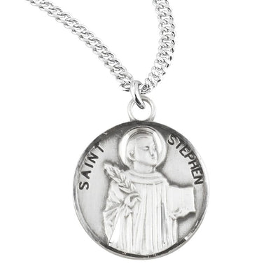 St. Stephen depicting him holding a book Round Sterling Silver Medal Necklace with 20" 316 surgical stainless steel curb chain, HMH Religious