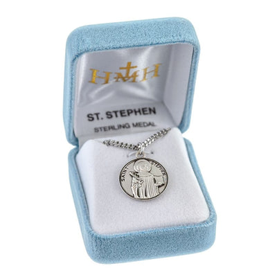St. Stephen depicting him holding a book Round Sterling Silver Medal Necklace with 20" 316 surgical stainless steel curb chain in gift box, HMH Religious