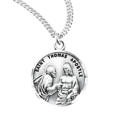 St. Thomas the Apostle with Christ Round Sterling Silver Medal Necklace with sterling silver round medal with 20" 316 surgical stainless steel curb chain, HMH Religious