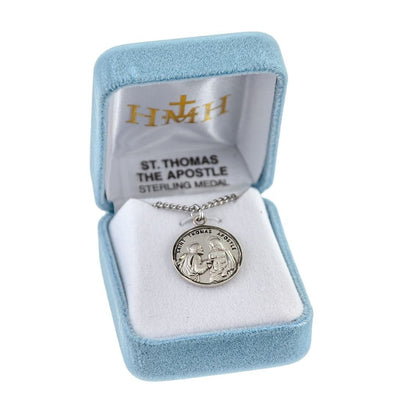 St. Thomas the Apostle with Christ Round Sterling Silver Medal Necklace with sterling silver round medal with 20" 316 surgical stainless steel curb chain in gift box, HMH Religious
