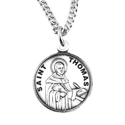 St. Thomas Aquinas depicting him writing with a quill pen Round Sterling Silver Medal Necklace with sterling silver round medal with 20" 316 surgical stainless steel curb chain, HMH Religious