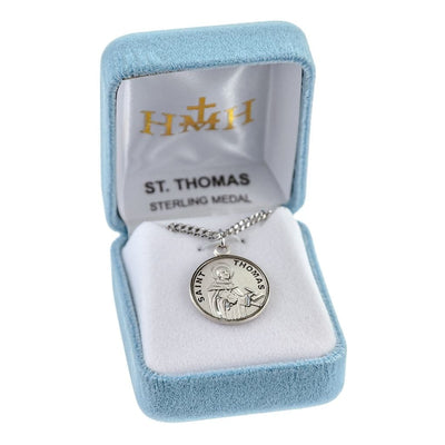 St. Thomas Aquinas depicting him writing with a quill pen Round Sterling Silver Medal Necklace with sterling silver round medal in gift box, HMH Religious