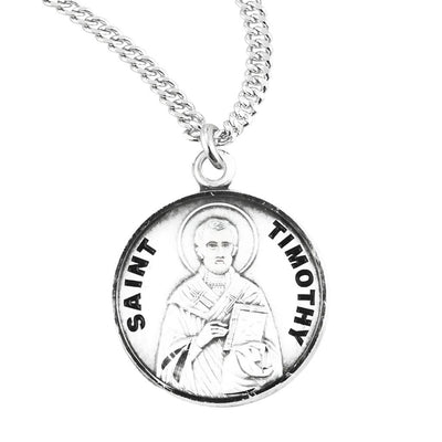 St. Timothy holding a book with sterling silver round medal with 20" 316 surgical stainless steel curb chain, HMH Religious