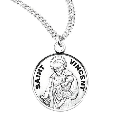 St. Vincent de Paul holding a baby Round Sterling Silver Medal Necklace with 20" 316 surgical stainless steel curb chain, HMH Religious