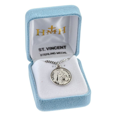 St. Vincent de Paul holding a baby Round Sterling Silver Medal Necklace with 220" 316 surgical stainless steel curb chain in gift box, HMH Religious