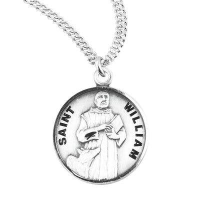 St. William of Rochester with a book and wolf Round Sterling Silver Medal Necklace with 20" 316 surgical stainless steel curb chain, HMH Religious
