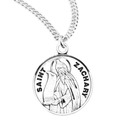 St. Zachary with a scroll Round Sterling Silver Medal Necklace with 20" 316 surgical stainless steel curb chain, HMH Religious