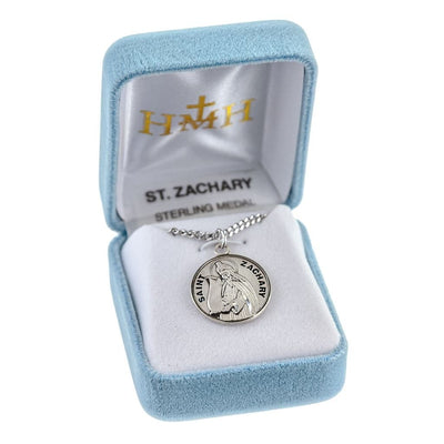 St. Zachary with a scroll Round Sterling Silver Medal Necklace with 20" 316 surgical stainless steel curb chain in gift box, HMH Religious