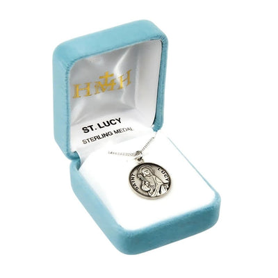 St. Lucy sterling silver medal with 18" Chain in gift box, HMH Religious