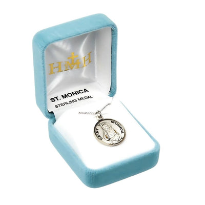 St. Monica holding a staff and book sterling silver medal with 18" 316 surgical stainless steel curb chain in gift box, HMH Religious