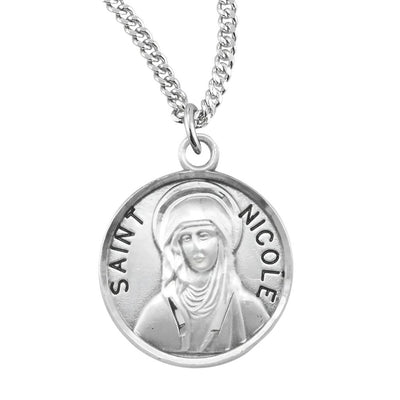 St. Nicole in a nun's habit sterling silver medal with 18" 316 surgical stainless steel curb chain, HMH Religious