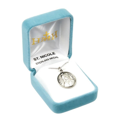 St. Nicole in a nun's habit sterling silver medal with 18" 316 surgical stainless steel curb chain in gift box, HMH Religious