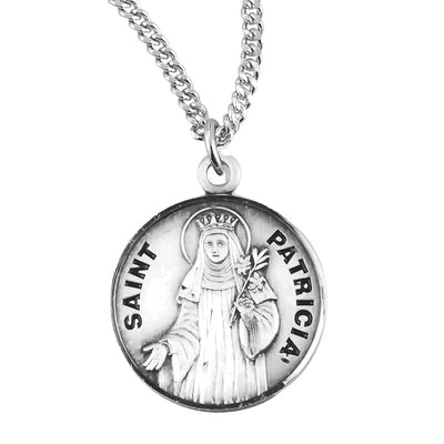 St. Patricia with a crown and flowers sterling silver medal with 18" 316 surgical stainless steel curb chain, HMH Religious