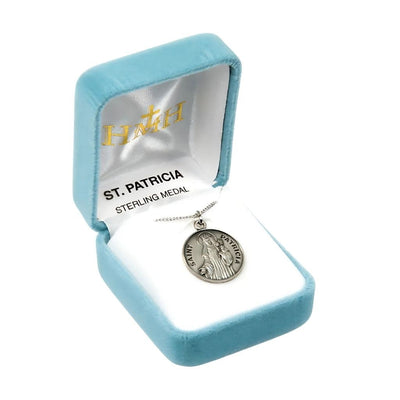 St. Patricia with a crown and flowers sterling silver medal with 18" 316 surgical stainless steel curb chain in gift box, HMH Religious