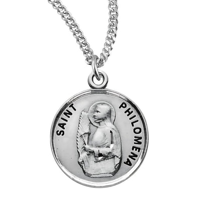 St. Philomena holding palms sterling silver medal with with 18" 316 surgical stainless steel curb chain, HMH Religious
