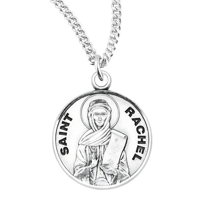 St. Rachel with a scroll in her hanv sterling silver medal with 18" 316 surgical stainless steel curb chain, HMH Religious