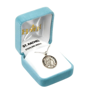St. Rachel with a scroll in her hanv sterling silver medal with 18" 316 surgical stainless steel curb chain in gift box, HMH Religious