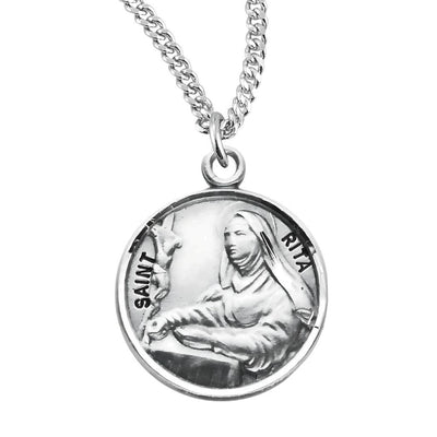 St. Rita with a crucifix sterling silver round medal with 18" 316 surgical stainless steel curb chain, HMH Religious