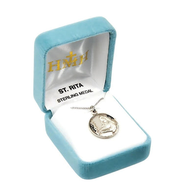 St. Rita with a crucifix sterling silver round medal with 18" 316 surgical stainless steel curb chain in gift box, HMH Religious