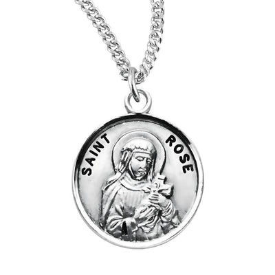 St. Rose depicting her holding a cross and roses sterling silver round medal with 18" 316 surgical stainless steel curb chain, HMH Religious