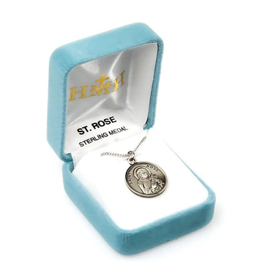 St. Rose depicting her holding a cross and roses sterling silver round medal with 18" 316 surgical stainless steel curb chain (view 2), HMH Religious