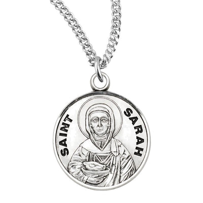 St. Sarah with a bowl of fruit sterling silver round medal with 18" 316 surgical stainless steel curb chain, HMH Religious