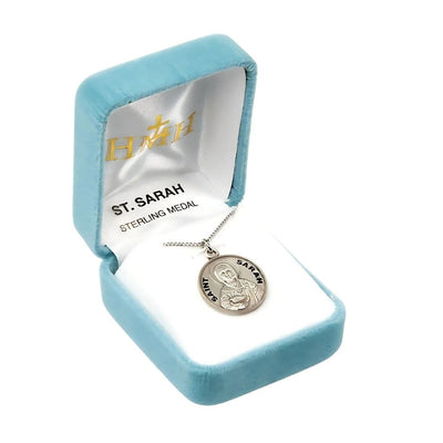 St. Sarah with a bowl of fruit sterling silver round medal with 18" 316 surgical stainless steel curb chain in gift box, HMH Religious