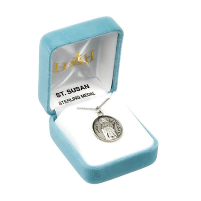 St. Susan depicting her holding palms sterling silver medal with 18" 316 surgical stainless steel curb chain in gift box, HMH Religious