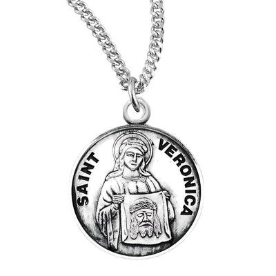 St. Veronica holding the image of Christ sterling silver round medal with 18" 316 surgical stainless steel curb chain, HMH Religious