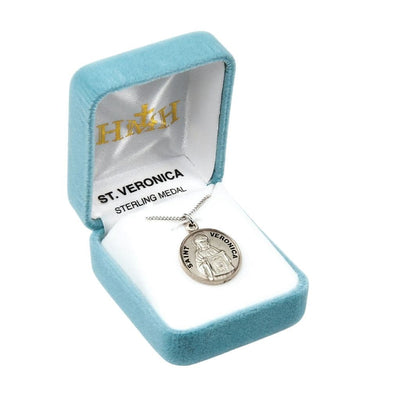 St. Veronica holding the image of Christ sterling silver round medal with 18" 316 surgical stainless steel curb chain in gift box, HMH Religious
