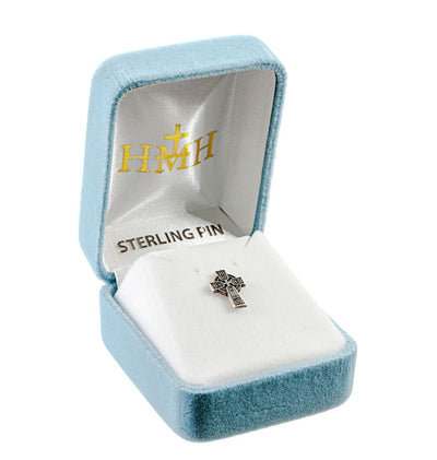 Irish Celtic Cross Sterling Silver Lapel Pin w/Deluxe Screw in Gift Box, HMH Religious