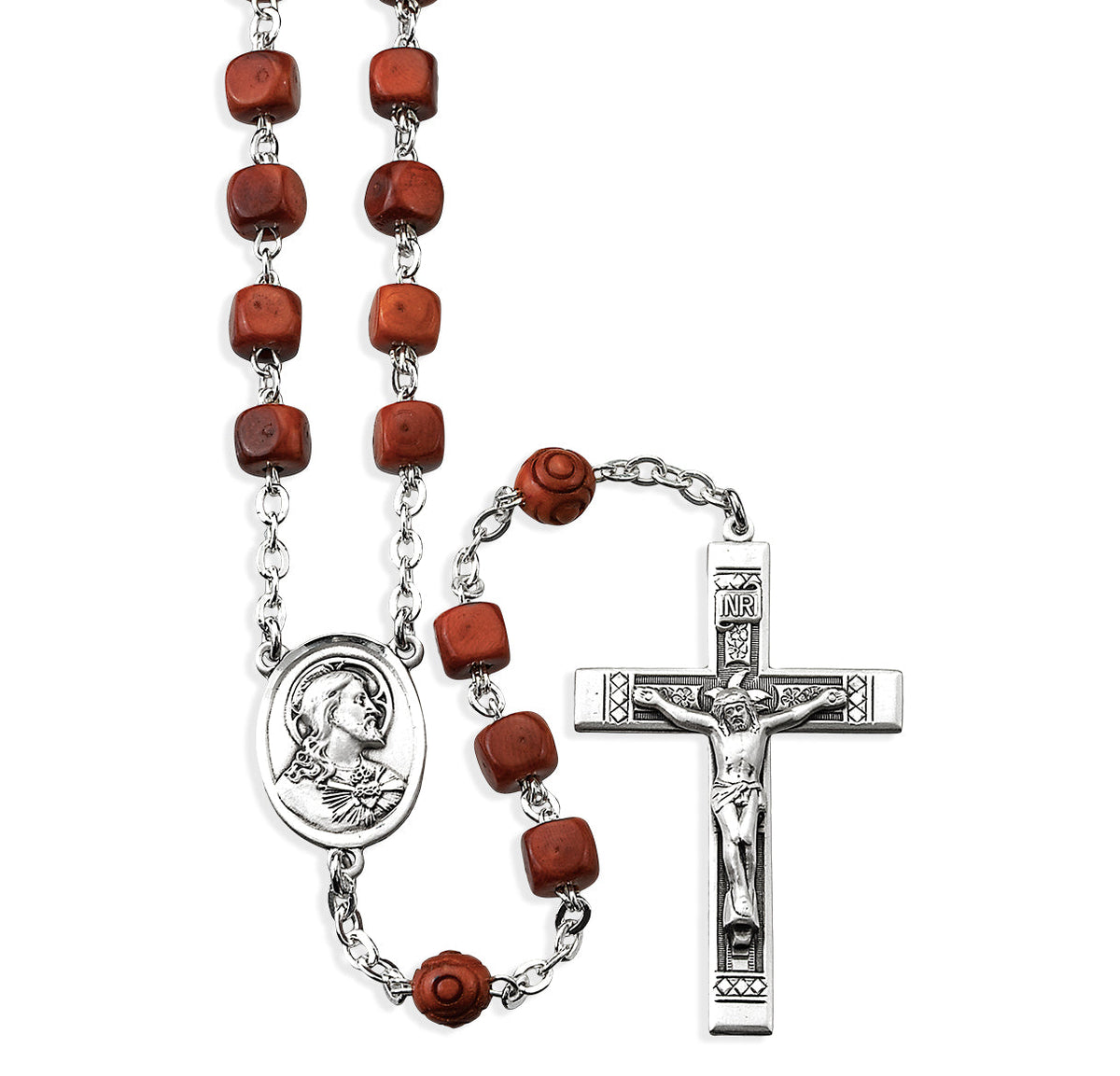 Sacred Heart Jesus Brown Square Coco Sterling Rosary, HMH Religious