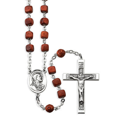 Sacred Heart Jesus Brown Square Coco Sterling Rosary, HMH Religious