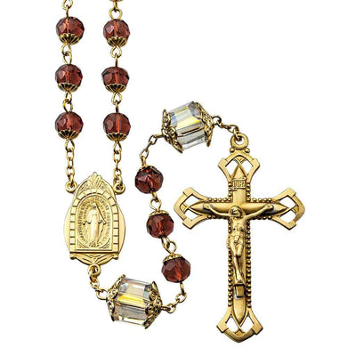 Brass 8mm Amethyst Faceted Glass Bead Rosary, HMH Religious