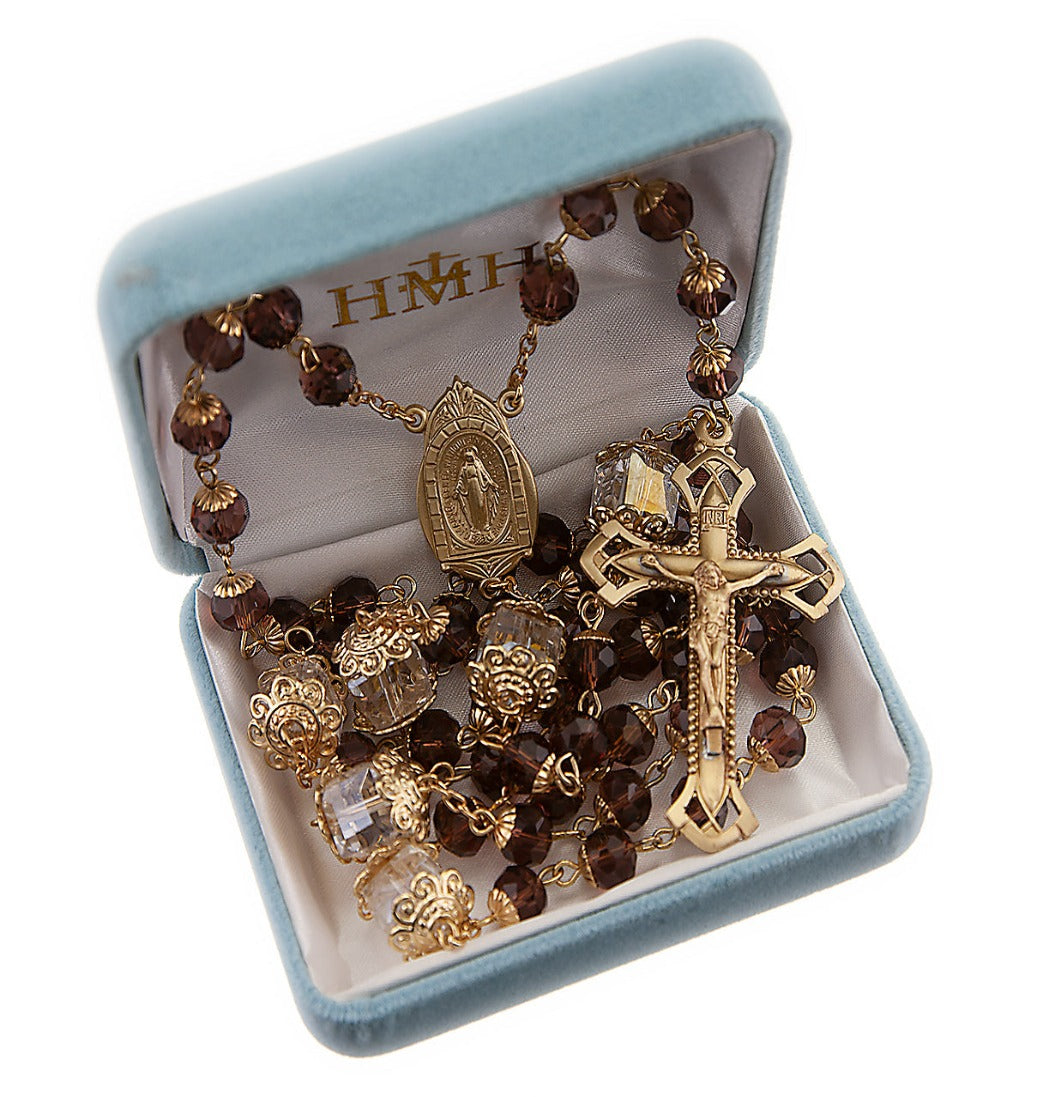 HMH 8mm Amethyst Faceted Glass Bead Rosary in Box