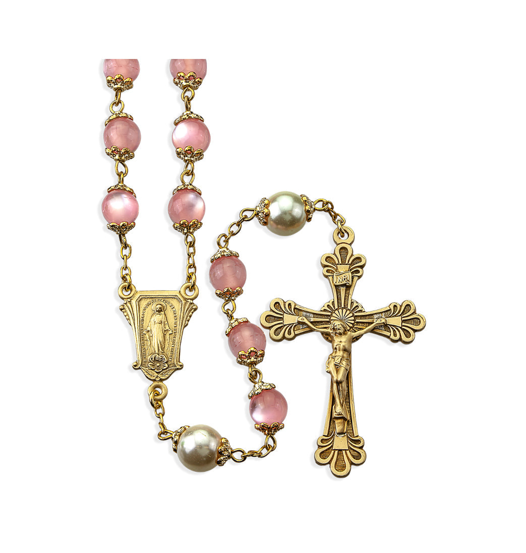 8mm Light Rose Cats Eye Glass Double Capped Beads with Solid Brass Crucifix and Center, HMH Religious