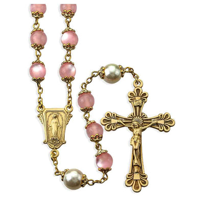 8mm Light Rose Cats Eye Glass Double Capped Beads with Solid Brass Crucifix and Center, HMH Religious
