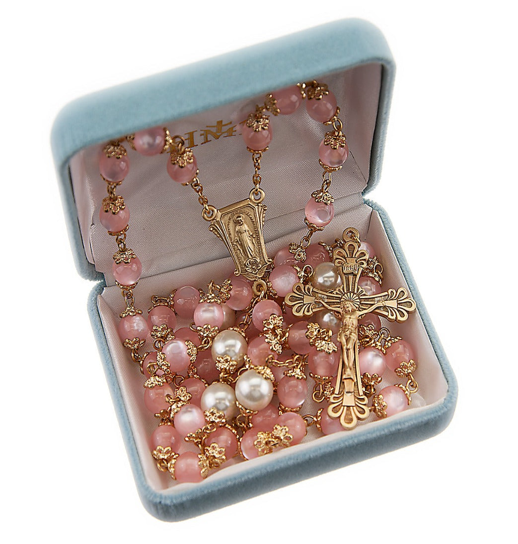 8mm Light Rose Cats Eye Glass Double Capped Beads with Solid Brass Crucifix and Center in Box, HMH Religious