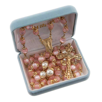 8mm Light Rose Cats Eye Glass Double Capped Beads with Solid Brass Crucifix and Center in Box, HMH Religious