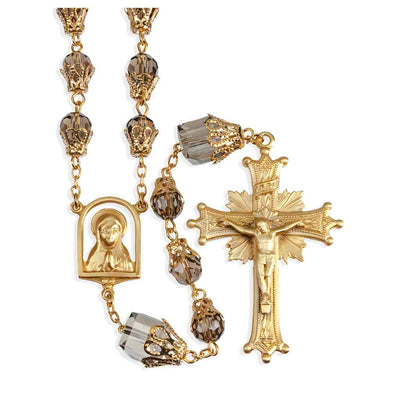 Praying Madonna Smoked 8mm Glass Tulip Capped Rosary, HMH Religious (view 1)