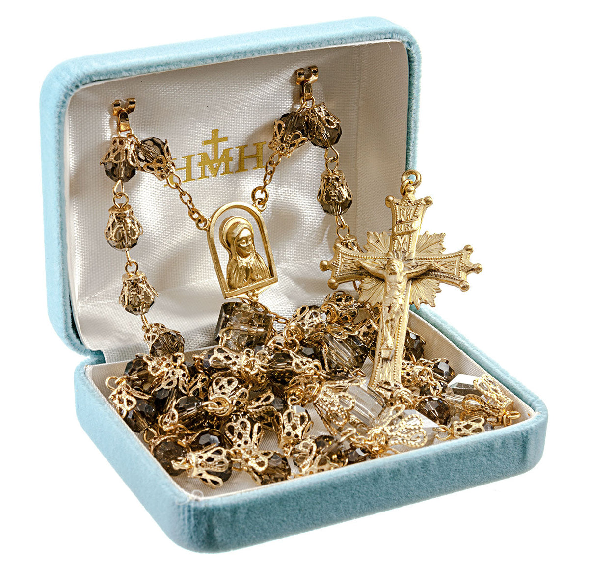 Praying Madonna Smoked 8mm Glass Tulip Capped Rosary in Box