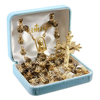 Praying Madonna Smoked 8mm Glass Tulip Capped Rosary in Box, HMH Religious (view 3)