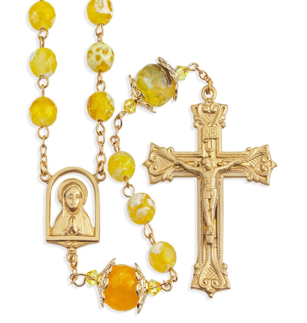 HMH Religious 8mm Yellow and White Onyx Gemstone Bead Rosary,