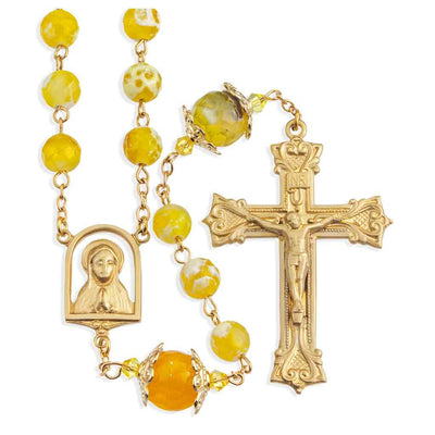 8mm Yellow and White Onyx Gemstone Bead Rosary, HMH Religious