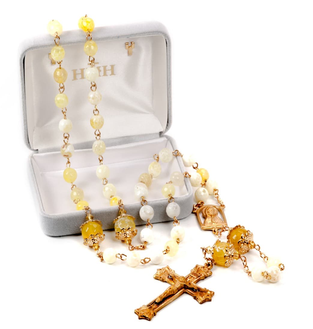 8mm Yellow and White Onyx Gemstone Bead Rosary in Box,