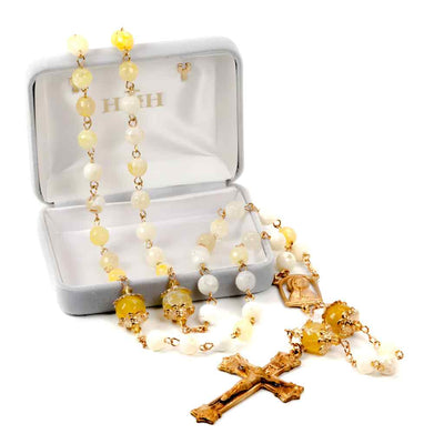 8mm Yellow and White Onyx Gemstone Bead Rosary in Box, HMH Religious